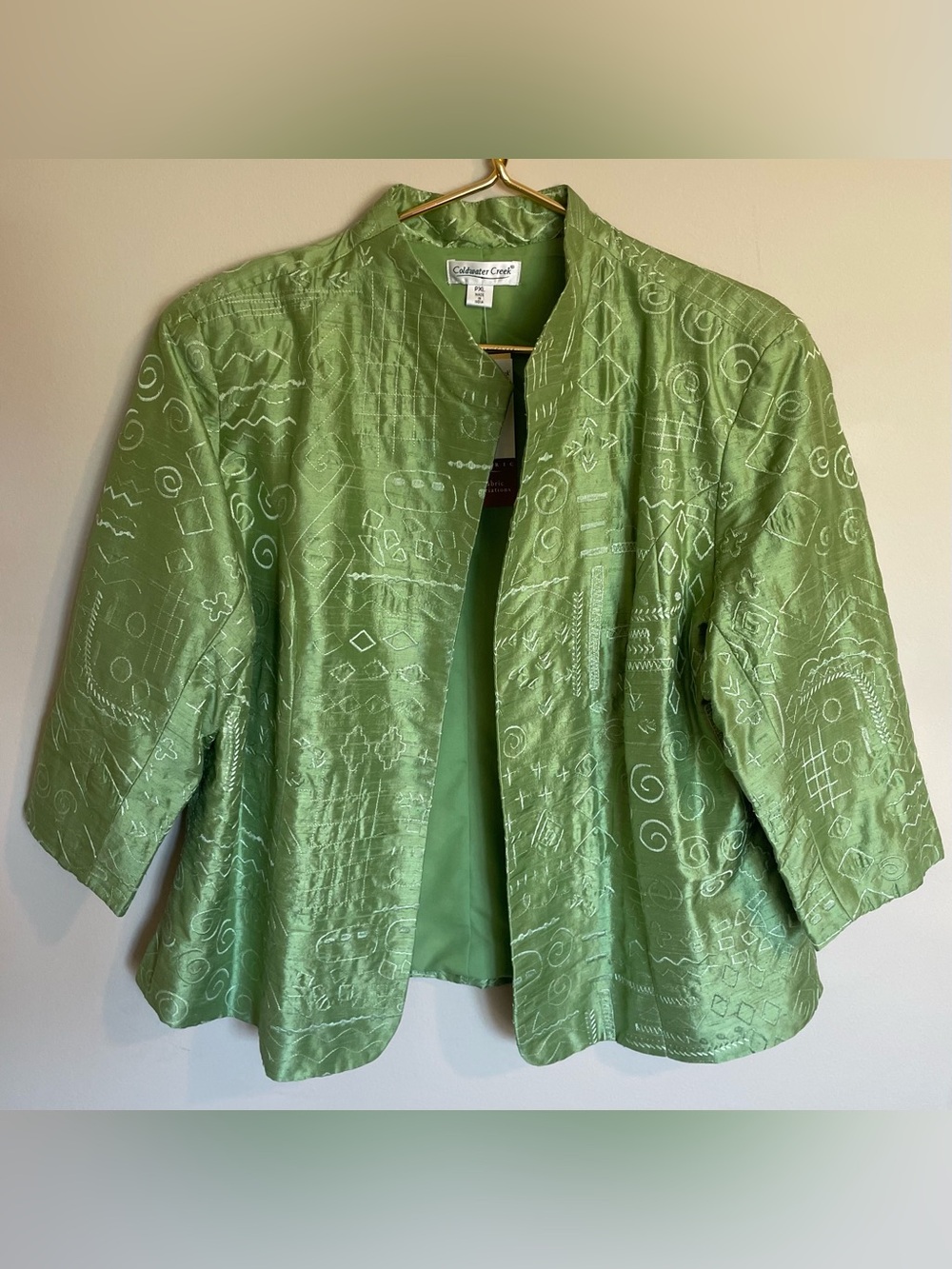 Coldwater Creek Lime Green 100% Silk Embroidered Open-Front Jacket